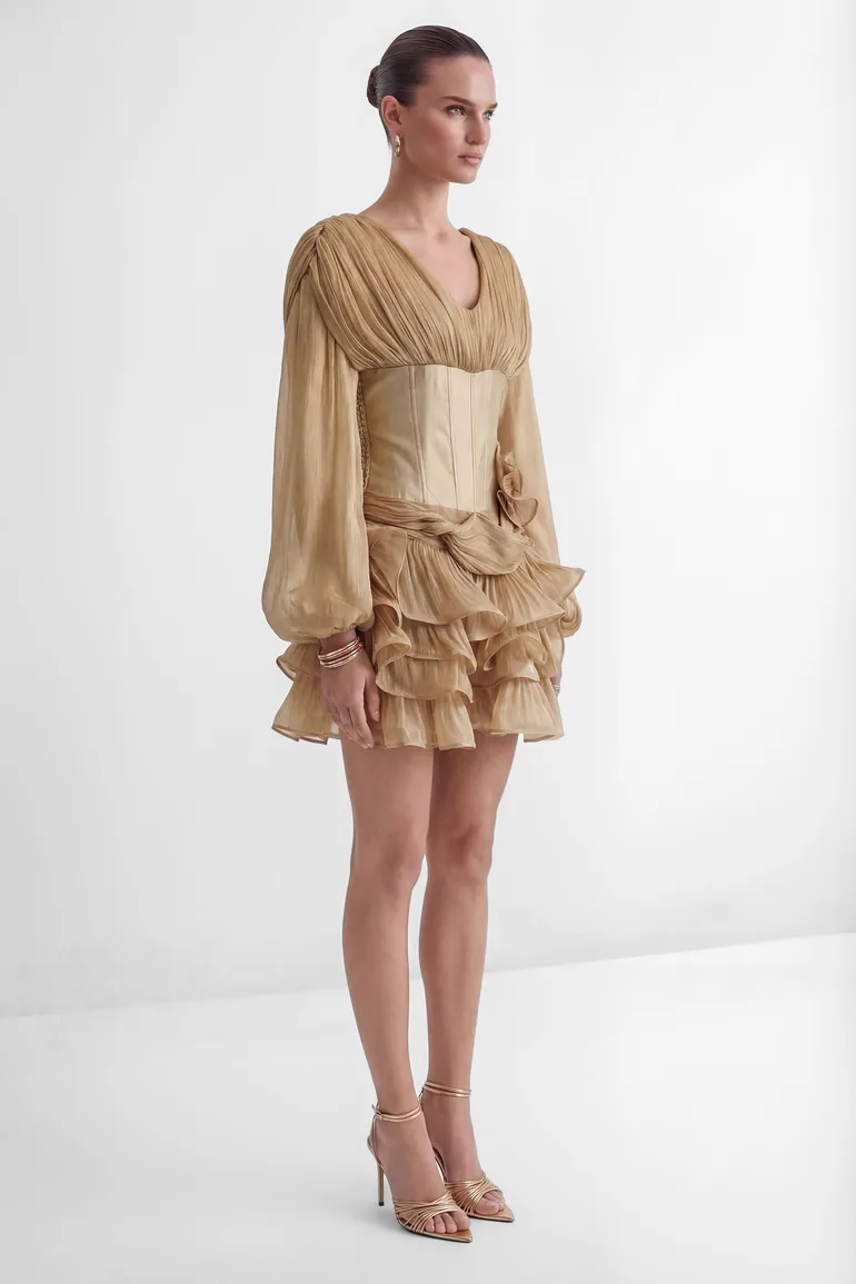 Dedicated To Glamour Khaki Corset Bodice Ruffled Mini Dress - 5