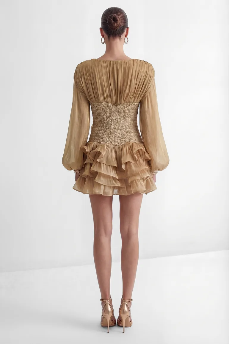 Dedicated To Glamour Khaki Corset Bodice Ruffled Mini Dress - 7