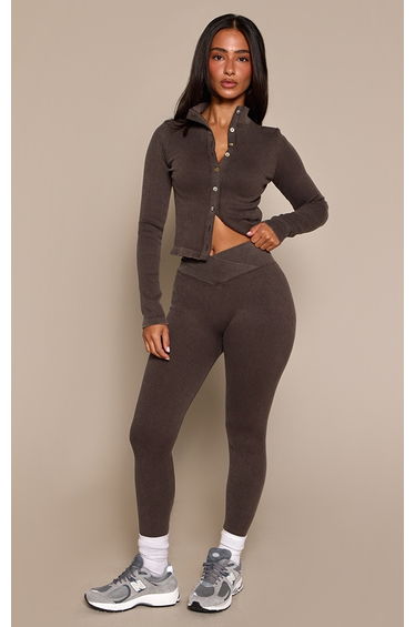 Petite Chocolate Asymmetric Waist Contour Rib Leggings