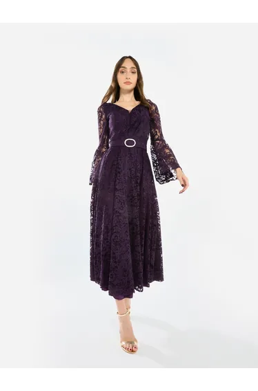 Women Lace Flare Sleeve Midi Dress