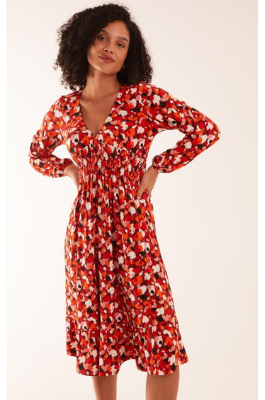 V Neck Shirred Waist Midi Dress