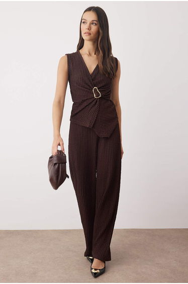 Brown Double Breasted Accessory Detailed Textured Flexible Knitted Bottom - Top Set TWOSS25AU00137