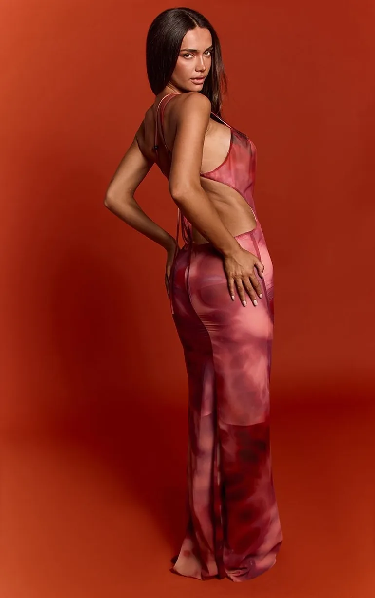 Mauve Blurred Abstract Print Chiffon Cross Front Bead Detail Maxi Dress - 2