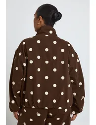 Plus Polka Dot Funnel Neck Denim Bomber Jacket - choc brown - 2