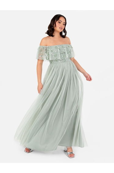 Maya Sage Green Floral Embellished Bardot Floor Length Dress