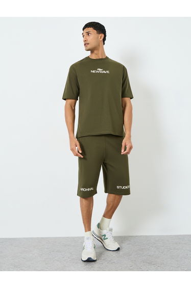 Men Olive Green Oversized Shirt and Shorts Co-Ords