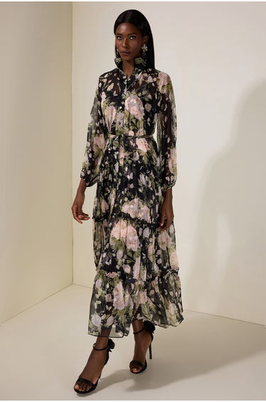 Chiffon Floral Single Breasted Dress With Belt