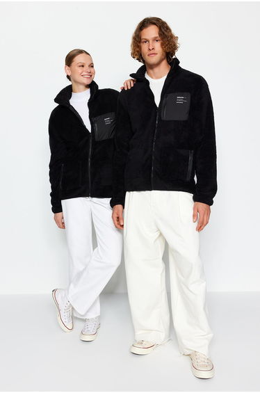 Black Unisex Stand Up Collar Zippered Pocket Detailed Plush Cardigan-Sweatshirt.