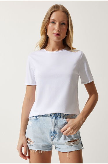 Women's White Crew Neck Basic Knitted T-Shirt