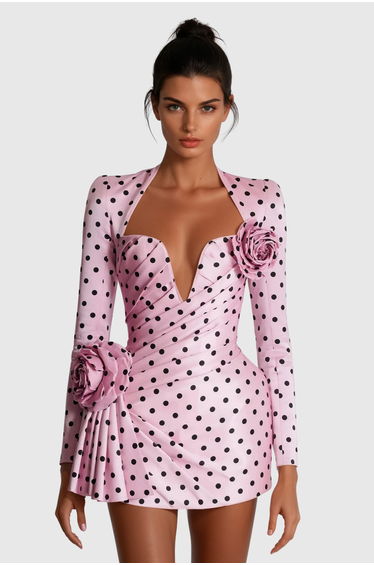 Biaggio Dot Flower Ruch Mini Dress In Pink