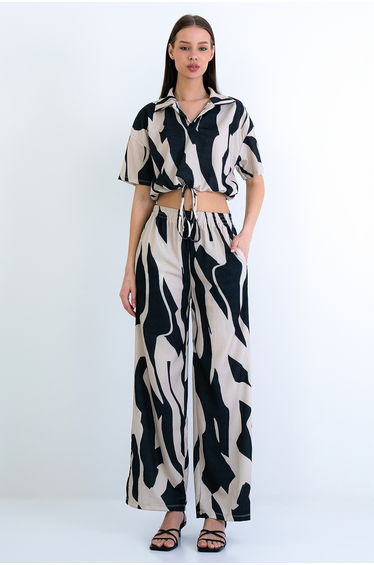 Women's Black-Beige Shirt Collar Tie-Waist Wrinkled Blouse and Trousers Set