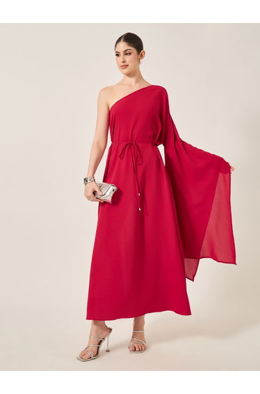 Solid One Shoulder A-Line Maxi Dress
