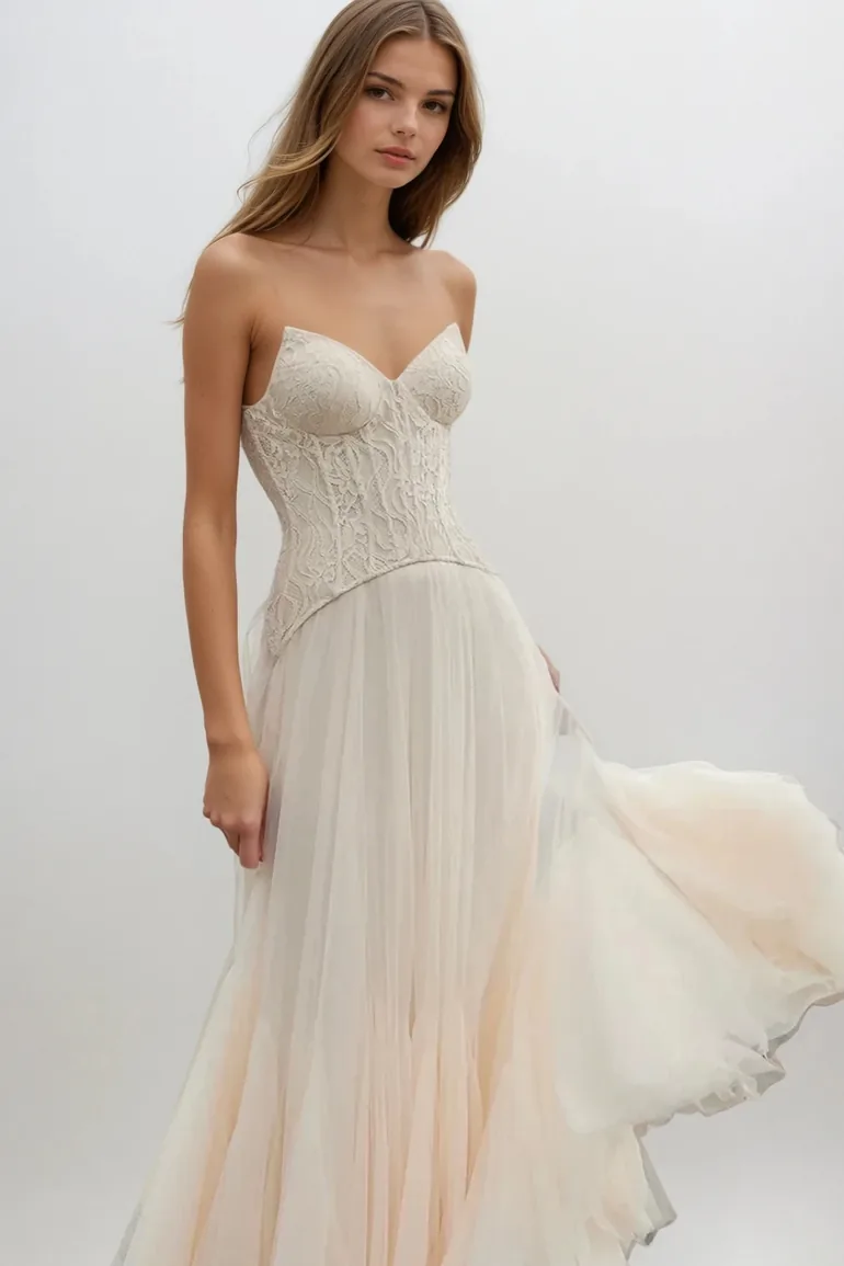 Beppe Lace Corset Tulle Dress In Cream - 2