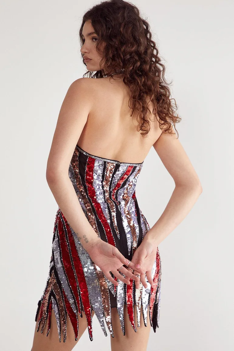 Zebra Hand Embellished Hanky Hem Halter Neck Mini Dress Icons : Day Dresses  : VogaCloset Oman