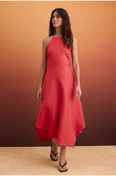 Pomegranate Flower 100% Linen Halter Neck Short / Mini Woven Dress