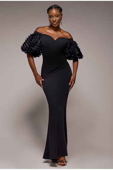 Off The Shoulder 3D Puffed Sleeve Sweetheart Maxi Dress - Black by Goddiva