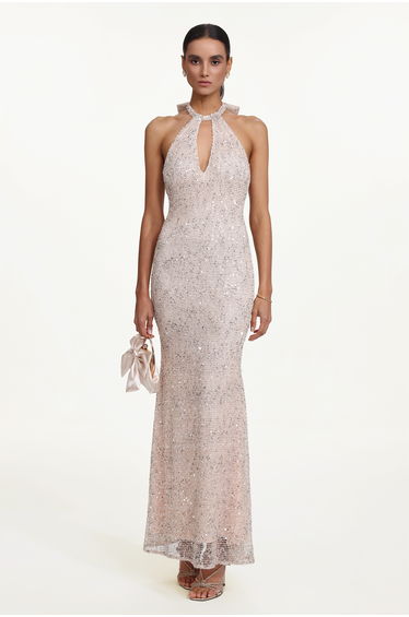 Saslim Chic Contour Halter Cut Out Sequin Maxi Dress