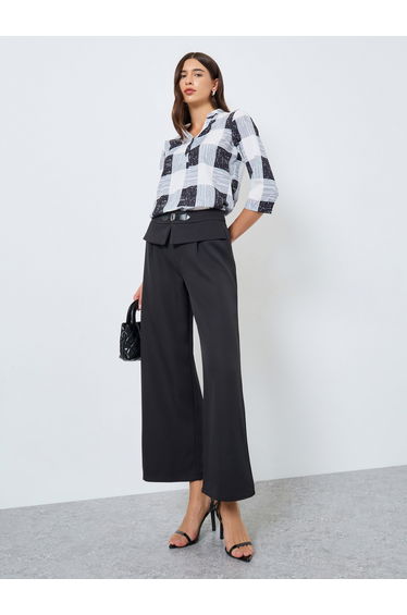 Women Solid Metal Buckle Waist Wide Leg Pants