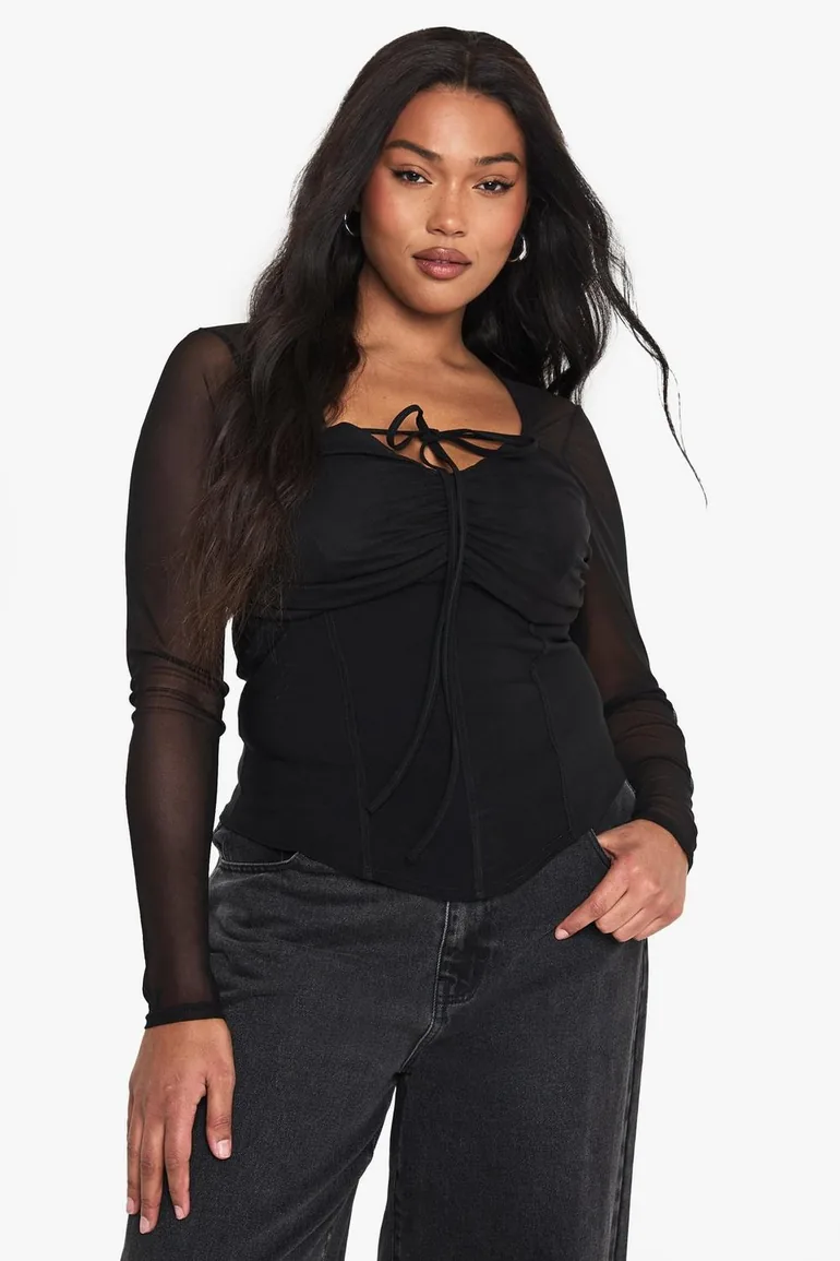 Plus Bengaline Mesh Sleeve Corset Top - black - 1