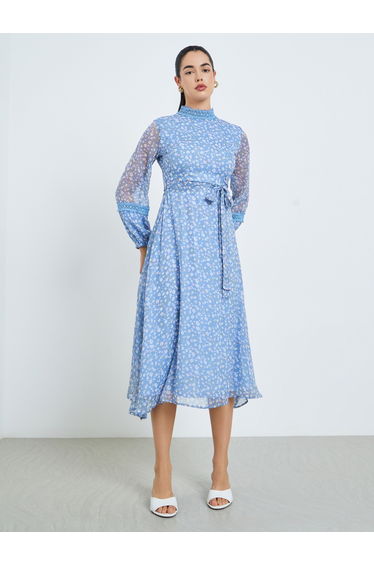 Women Blue Floral Print A-Line Midi Dress