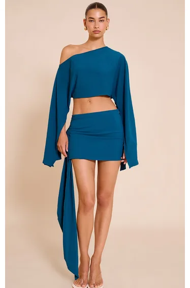 Teal Floaty Woven Knot Side Mini Skirt