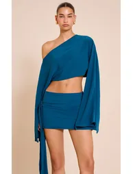 Teal Floaty Woven Knot Side Mini Skirt - 3