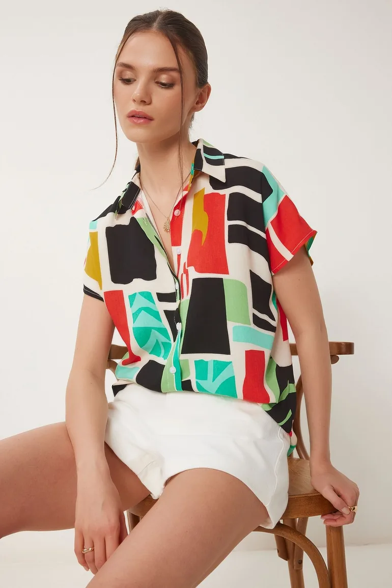 Women's Black Green Patterned Short Sleeve Viscose Shirt