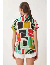Women's Black Green Patterned Short Sleeve Viscose Shirt - 4