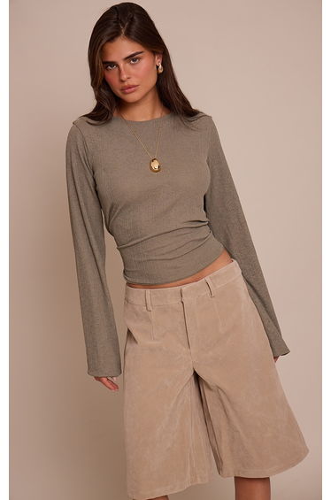 Khaki Rib Onion Skin Flare Long Sleeve Top