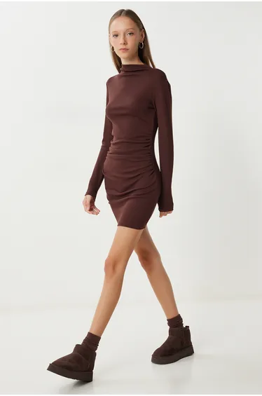 Women's Brown Pleated Stretchy Mini Knit Dress