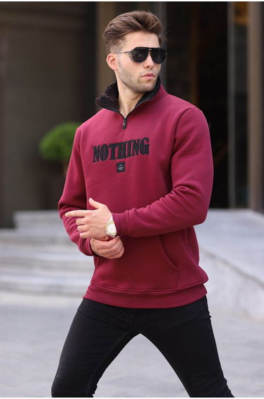 Claret Red Printed Sweatshirt with Zipper Detail