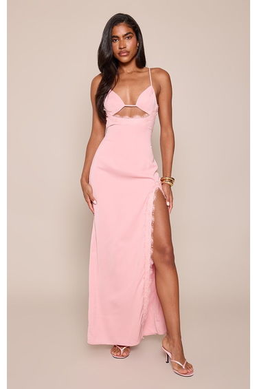 Pink Lace Trim Woven Strappy Maxi Dress