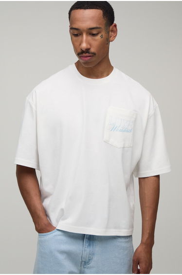 Oversized Boxy Homme Print Pocket T-shirt - ecru