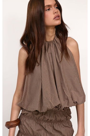 Brown Check Halterneck Puffball Top