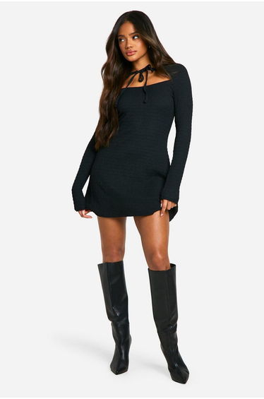 Textured Tie Front Skater Dress - black