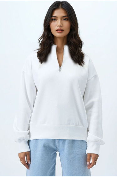 Women's Ecru Stand Collar Zippered Inside Raised 3 Thread Crop Sweatshirt