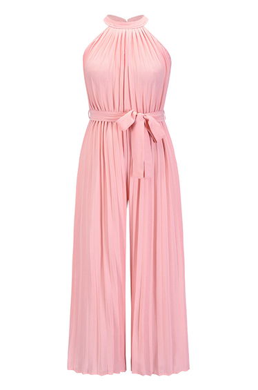 Halter Neck Self-Tie Pleated Jumpsuit in Pink