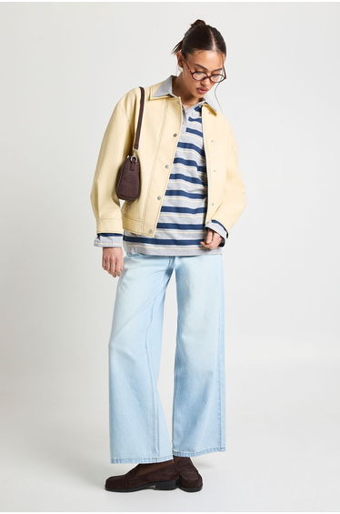 Faux Leather Contrast Stitch Jacket - cream