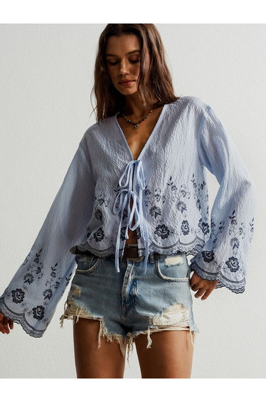 Women Floral Embroidery Tie-Up Top