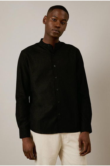 Black Linen Blend Grandad Collar Shirt