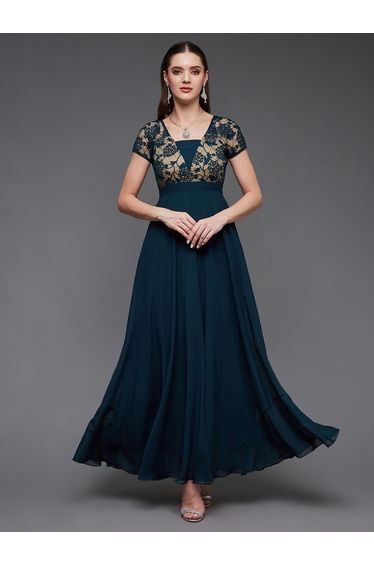Green Lace Insert A-Line Maxi Dress