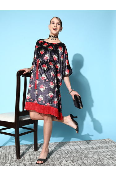 Velvet Floral Print Drawstring Waistband Kaftan Midi Dress