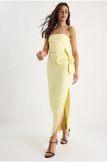 Women's Strapless Maxi Dress with Floral Embellished Slit Detail 2602 - Yellow