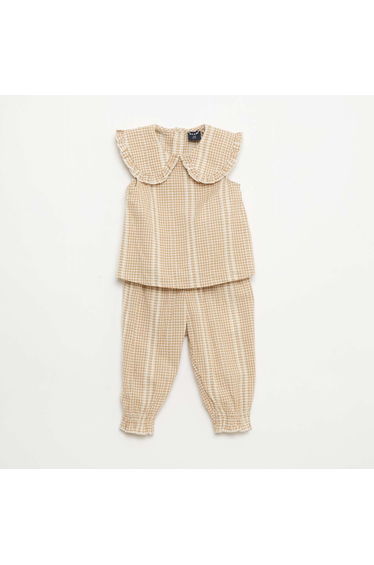 Gingham 2-piece blouse and trousers set BROWN