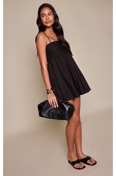 Black Linen Look Strappy Mini Dress