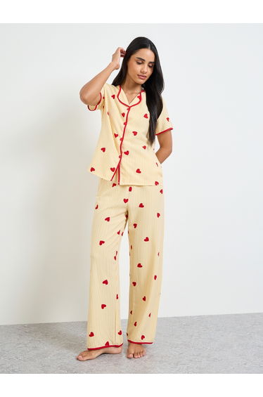 Yellow Heart Striped Print Shirt and Pyjama Set