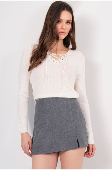 Women's Cream V-Neck Bird-Eye Knit Tie-Up Blouse