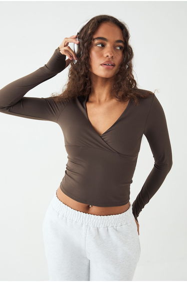 DSGN Studio Sculpt Wrap Front Padded Long Sleeve Top - espresso
