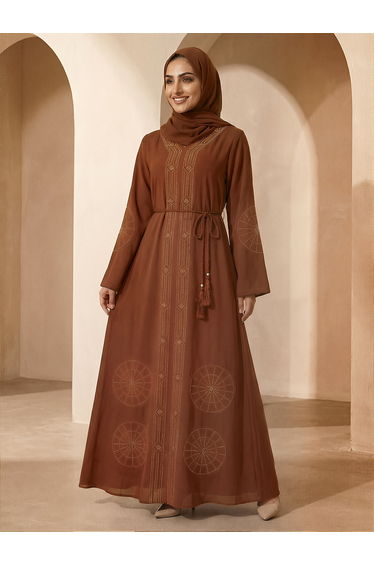 Women Brown Embellished Abaya with Hijab