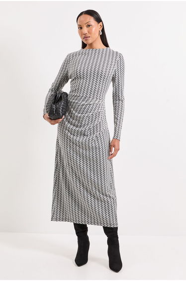 Geo High Neck Jacquard Midi Dress